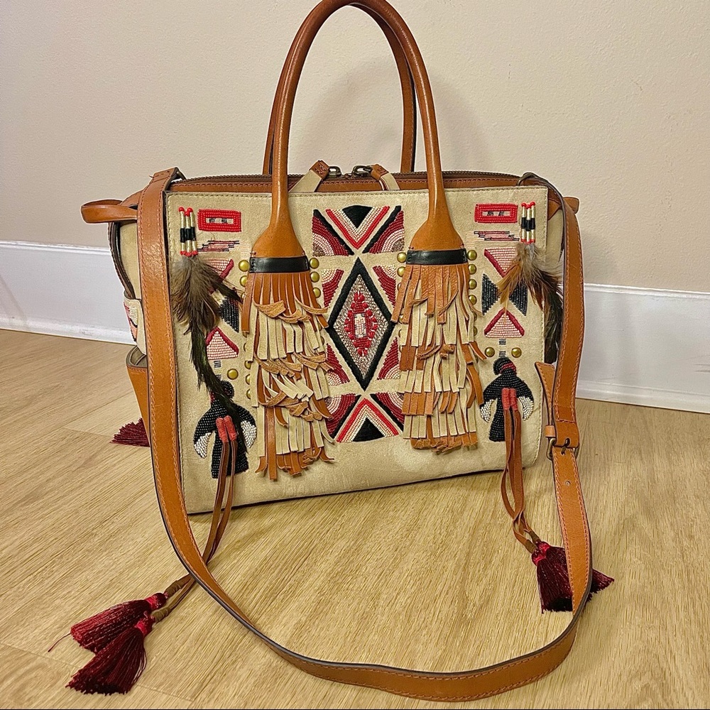 DSQUARED2 | Boho Fringe Feather Embroidered Leather Suede Tote Shoulder Bag - Picture 6 of 15